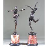 20th Century French School - Two Bronze Figures of Dancing Women of Art Deco design, each on red and