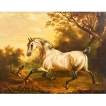 A Late 18th Century British School - Oil painting - A hound lunging at a fleeing horse on a woodland