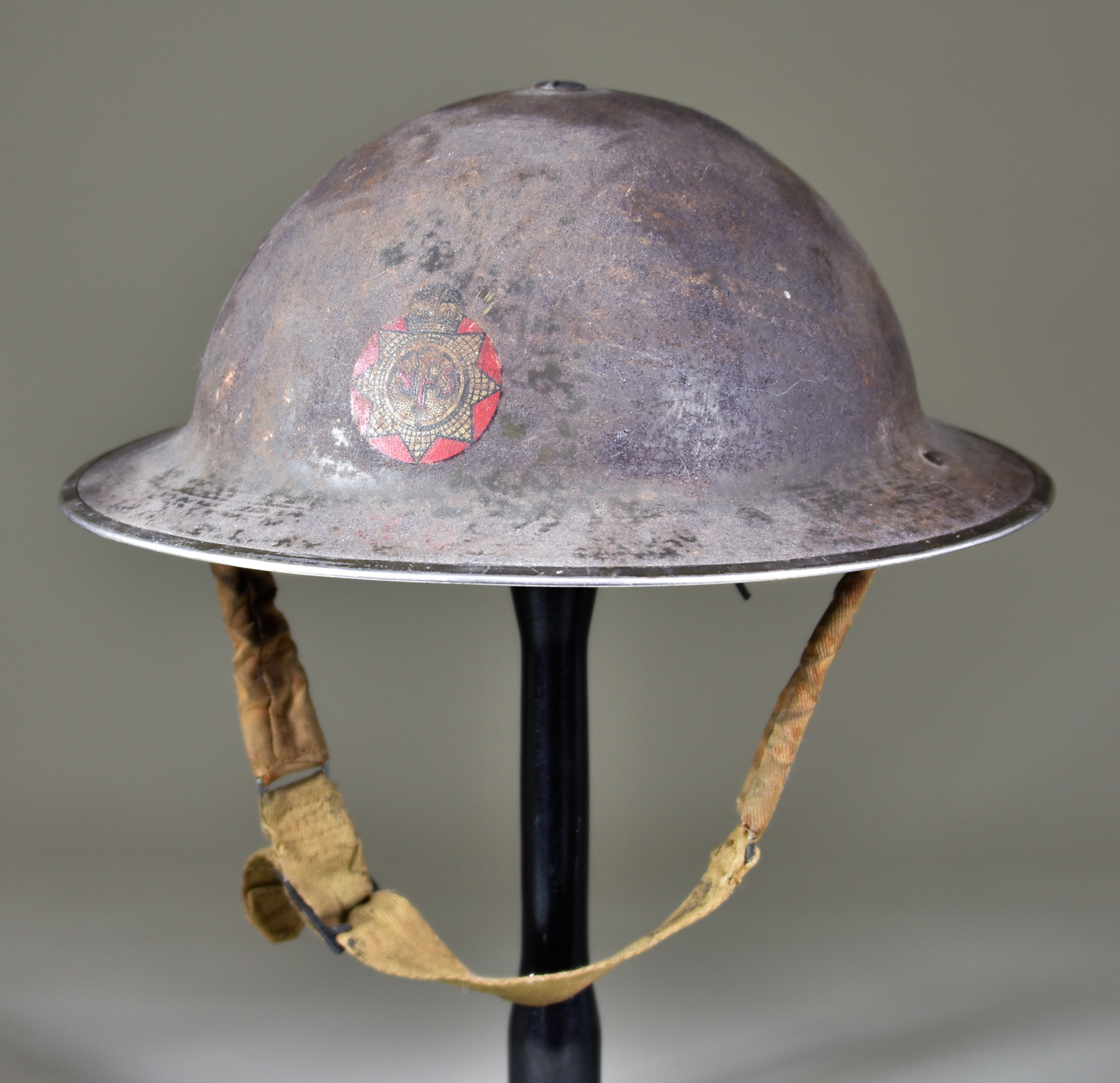 A World War II British Steel Helmet, NFS, single deal to front, marked inside "Packworth. 36 area