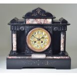 A Late 19th Century French Black Marble and Veined Marble Mantle Clock, the 4ins cream enamelled and