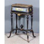 A Victorian Ebonised Gilt Metal and Porcelain Mounted Rectangular Jardiniere, with pierced gallery