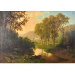 19th Century Continental School - Oil painting - River valley landscape with figures and houses,