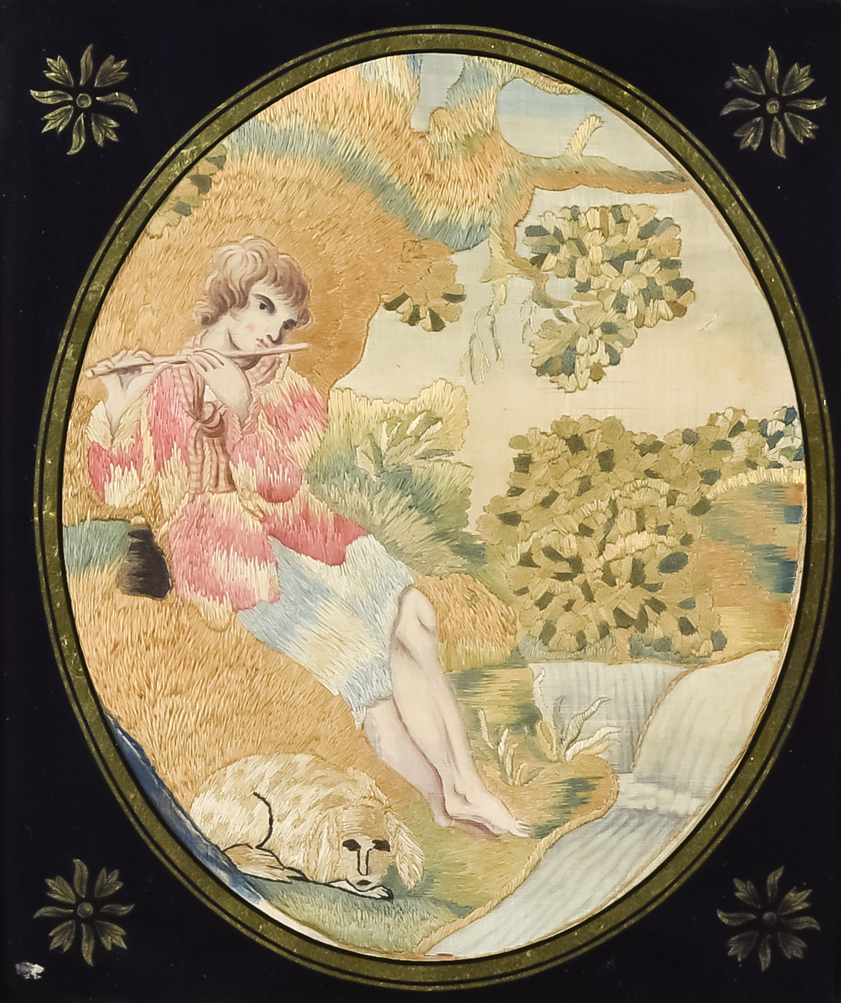 Three Needlework Panels, Late Georgian, one of a boy playing a flute by a stream, 9.5ins x 7.