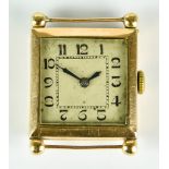 A 9ct Gold Gentleman's Wristwatch, 20th Century, square case, 25mm, silver dial with black Arabic