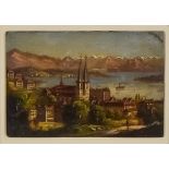 Continental Miniature Oil Painting, 19th Century - "Lucerne", 2.375ins x 5.625ins, in wood frame and