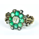 A Diamond and Emerald Set Flower Head Ring, Late 19th/Early 20th Century, set with a centre old