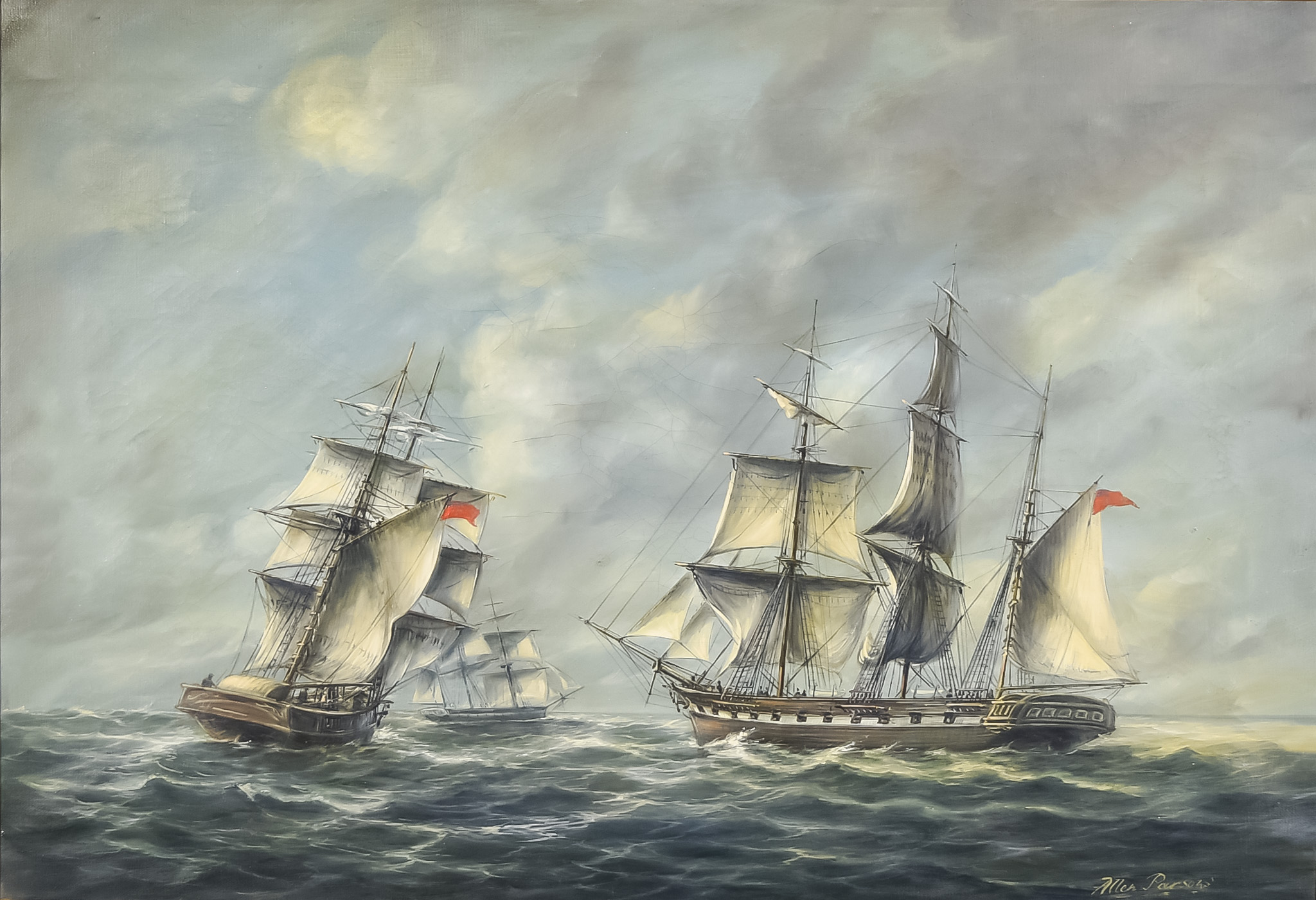 ***Allan Parsons - Oil painting - Marine scene with an English 22-gunned ship and two other ships in