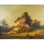 19th Century English School - Oil painting - Ruined cottage by a pond, mahogany panel 16.25ins x