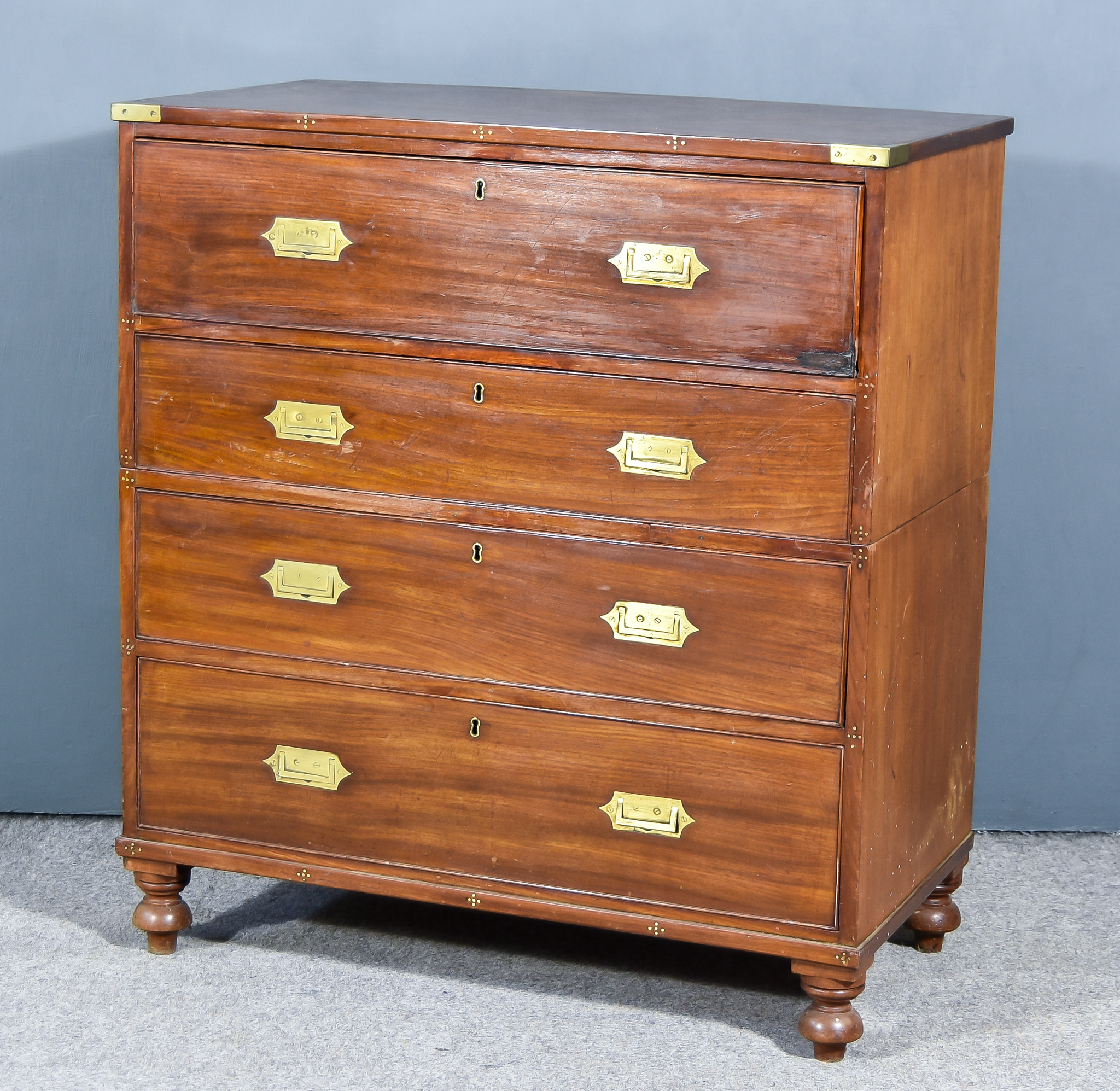 A 19th Century Mahogany and Brass Bound Military Secretaire Chest, in two sections, fitted one