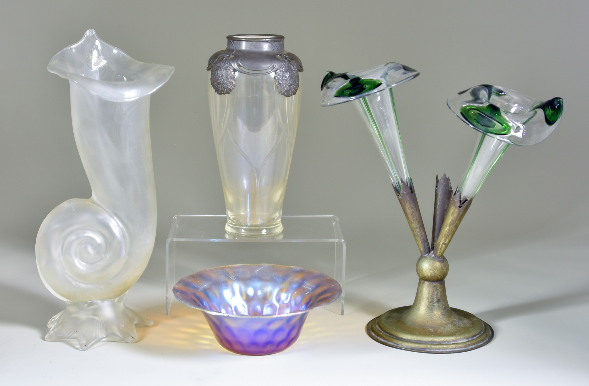 A Continental Iridescent Glass Bowl in the WMF Myra Kristal Manner, with flared rim and dimpled