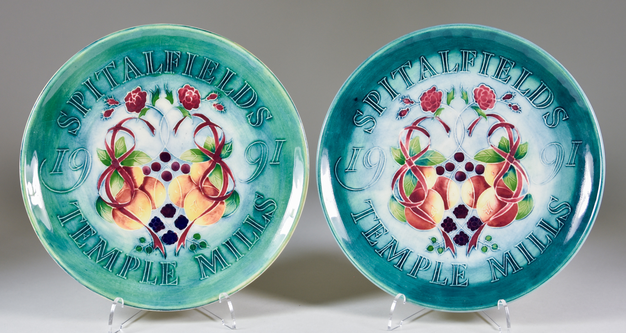 A Pair of Moorcroft Special Edition Plates - "Spitalfields Temple Mills 1991", designed by Sally