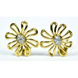 A Pair of 18ct Gold Floral Earrings, Modern, set with small pave diamonds to centre, for pierced