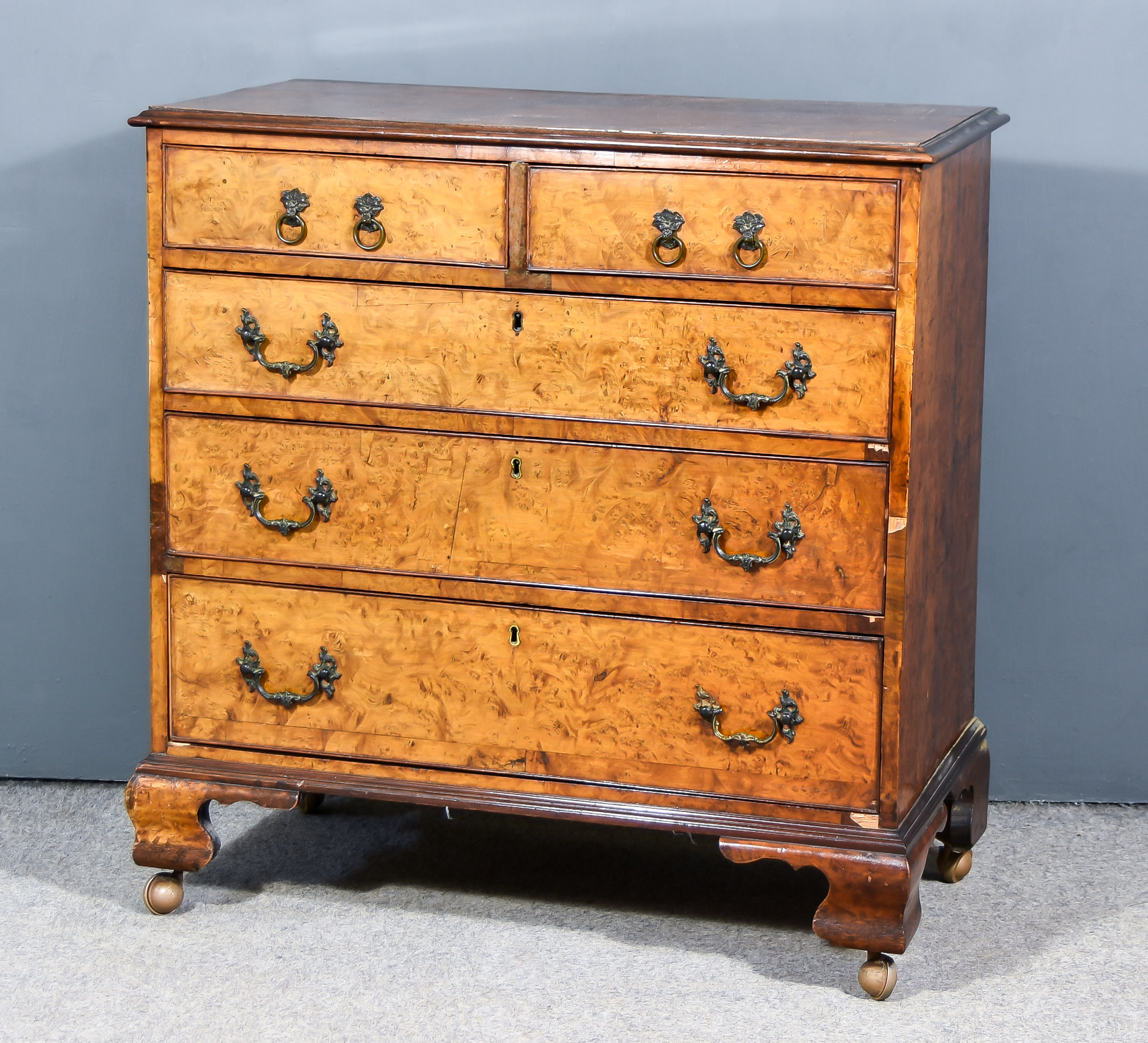 A Late 18th Century Burr Walnut Chest, with moulded edge to top, fitted two short and two long