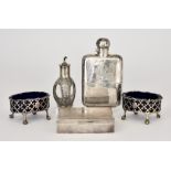 An Edward VII Silver Rectangular Hip Flask and Mixed Silverware, the hip flask by G & J W