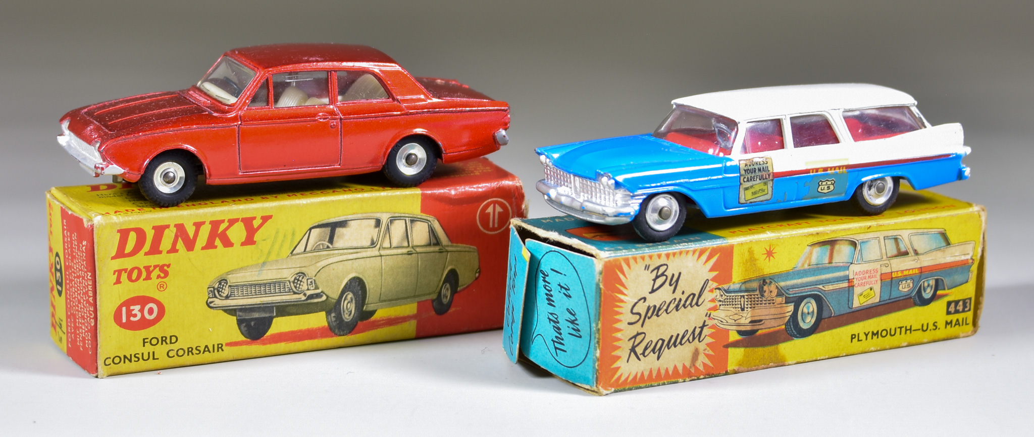 A Corgi Toys "Plymouth - US Mail", and a Dinky Toys No. 130 "Ford Consul Corsair"