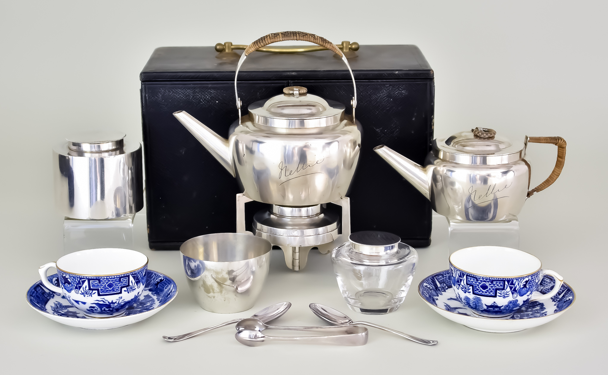 A Christopher Dresser Design Cased Tea-Set, for two persons by Hukin & Heath, retailed by Leuchars &