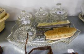 YELLOW GUILLOCHE ENAMELLED SILVER CLOTHES BRUSH, together with an EMBOSSED WHITE METAL HAIRBRUSH AND