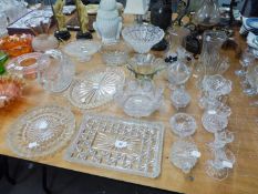 CUT GLASS PEDESTAL BOWL, CUT GLASS FRUIT BASKET, OTHER BOWLS AND DISHES, PAIR GLASS CANDLE HOLDERS
