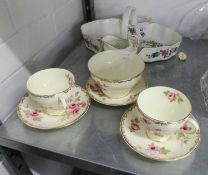 AYNSLEY 'PEMBROKE' CHINA STRAWBERRY BASKET WITH SUGAR AND CREAM AND A 'DEVON' SALISBURY FINE BONE