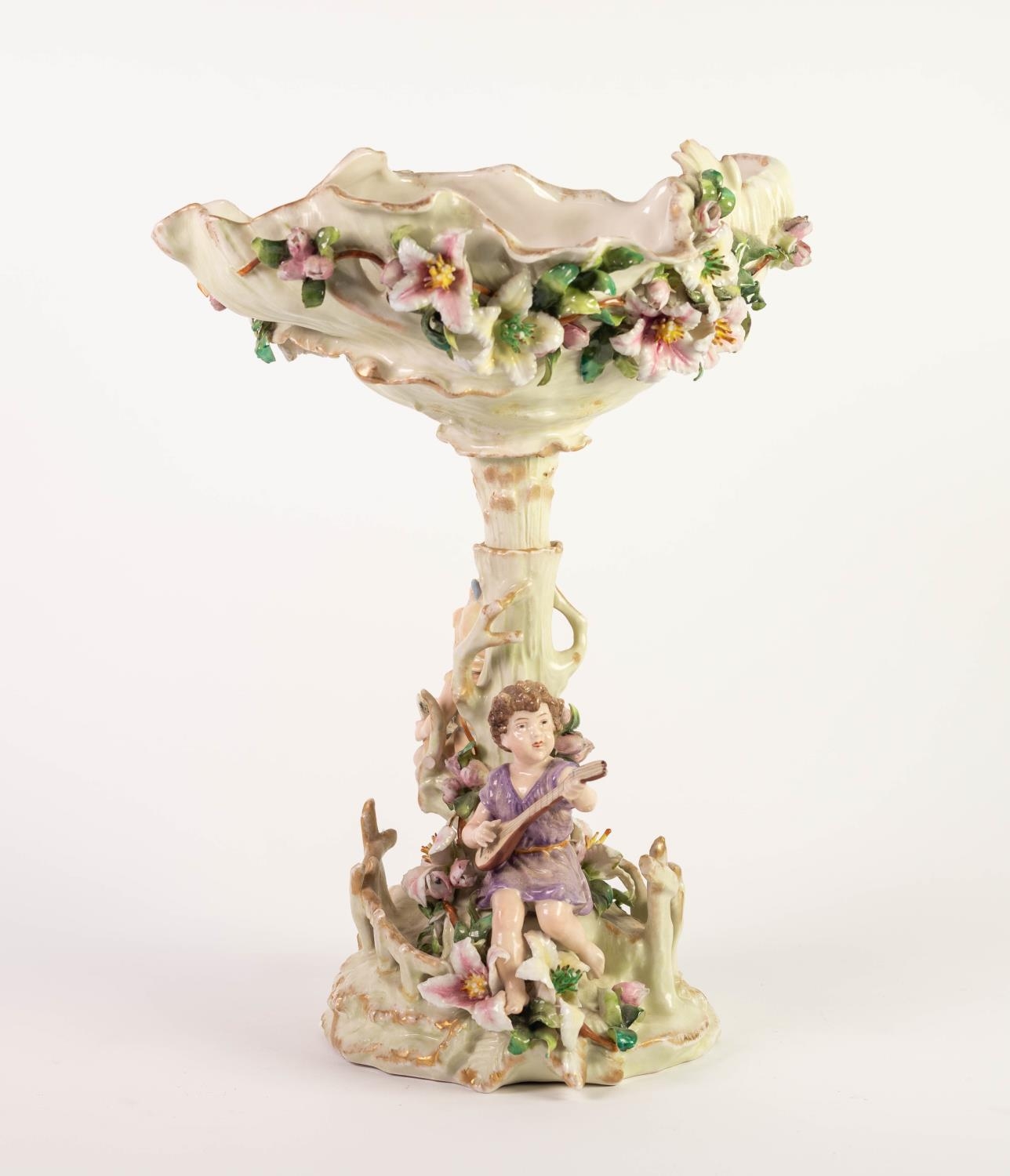 EARLY TWENTIETH CENTURY SITZENDORF, GERMAN FLORAL ENCRUSTED PORCELAIN FIGURAL PEDESTAL DISH, painted - Image 3 of 4