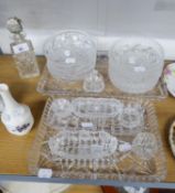 CUT GLASS PERFUME BOTTLE, CUT GLASS DRESSING TABLE ITEM WITH TRAY AND OTHER GLASS WARES VARIOUS (19)