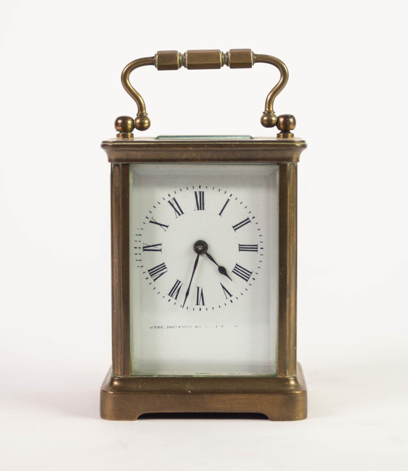 EARLY 20th CENTURY BRASS TIME PIECE CARRIAGE CLOCK with black and white roman dial, folding - Image 4 of 6