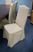 SET OF DINING CHAIRS, with upholstered high backs, stuff over seats and floor length skirts in plain