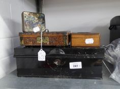 BLACK JAPANNED METAL DEED BOX, WITH TWO END HANDLES, 11 1/2" WIDE, AND TWO KEYS; A CADBURY'S '