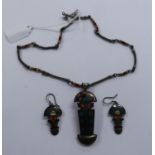 MEXICAN SILVER AND HARDSTONE SET STYLIZED FIGURAL PENDANT, 2 3/8" HIGH (6cm); THE MATCHING SILVER