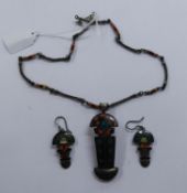 MEXICAN SILVER AND HARDSTONE SET STYLIZED FIGURAL PENDANT, 2 3/8" HIGH (6cm); THE MATCHING SILVER