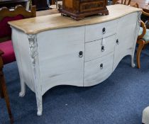 FRENCH STYLE SERPENTINE FRONTED SIDEBOARD, with stripped wood top, off white painted base with