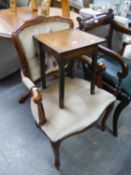 FRENCH STYLE SMALL CARVED WALNUT OPEN ARMCHAIR, WITH BUTTON UPHOLSTERED BACK, ELBOW RESTS AND SEAT