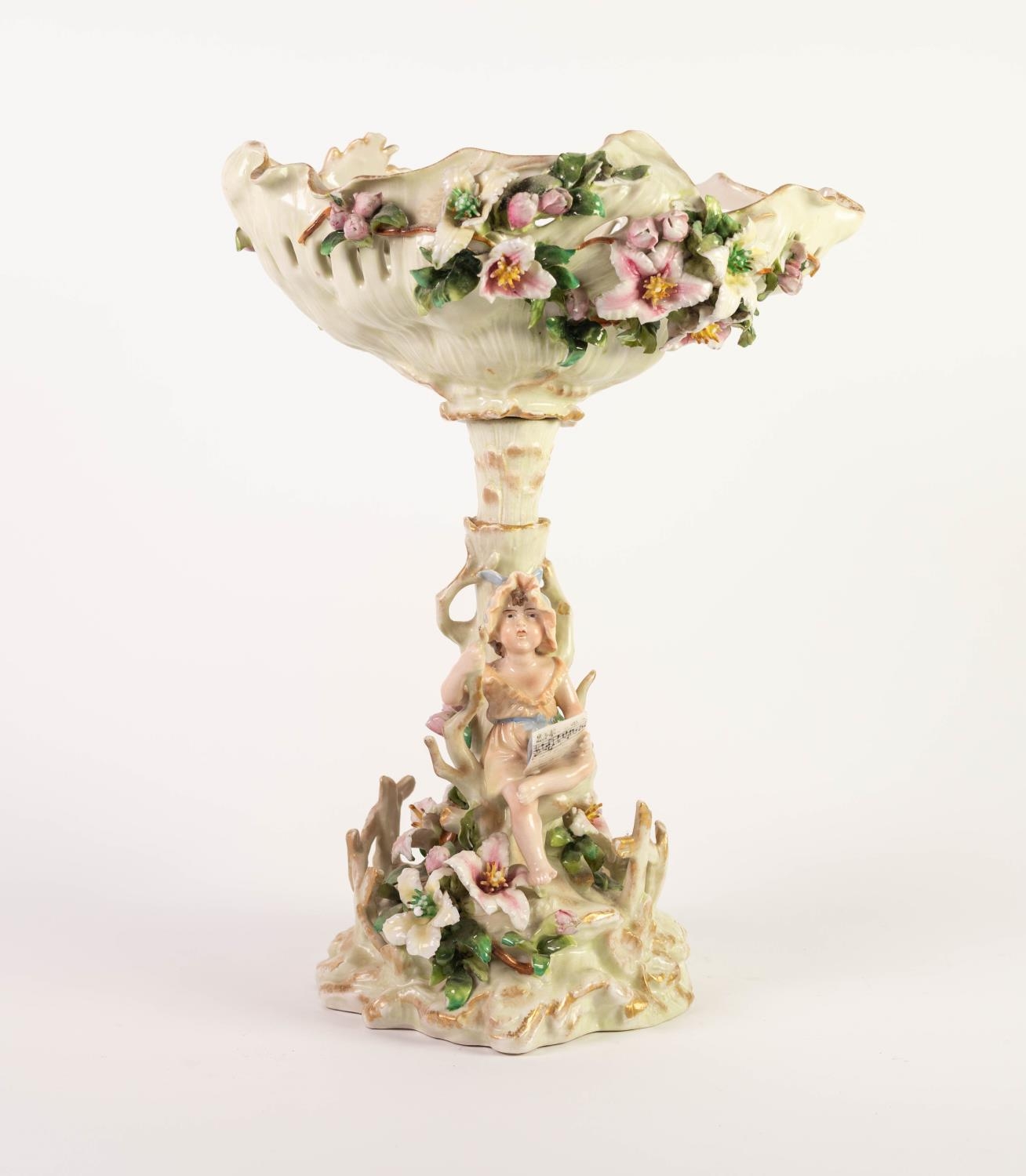 EARLY TWENTIETH CENTURY SITZENDORF, GERMAN FLORAL ENCRUSTED PORCELAIN FIGURAL PEDESTAL DISH, painted - Image 2 of 4