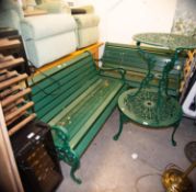 A PAIR OF GREEN COLOURED METAL REPRODUCTION LIGHTWEIGHT ORNATE GARDEN BENCHES