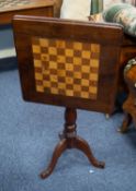 MAHOGANY TRIPOD TABLE with square parquetry inlaid chessboard top, 1?7? square (top cracked) and a