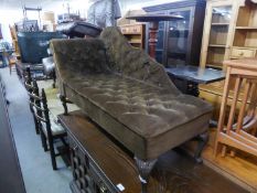 VICTORIAN STYLE HALF SIZE CHAISE LONGUE, WITH SINGLE SCROLL END, BUTTON UPHOLSTERED IN BROWN VELVET,