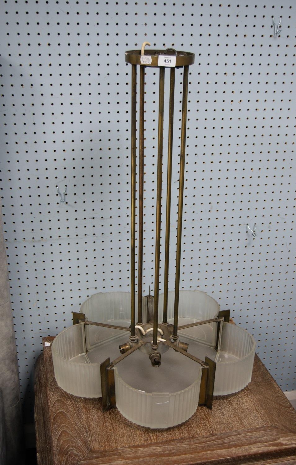 ART DECO BRASS AND FROSTED GLASS FIVE LIGHT ELECTROLIER, the pentagonal centre panel with fluted and