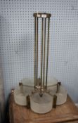 ART DECO BRASS AND FROSTED GLASS FIVE LIGHT ELECTROLIER, the pentagonal centre panel with fluted and