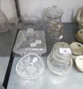 CUT GLASS BISCUIT JAR AND COVER, ANOTHER CUT GLASS BOWL WITH COVER AND FOUR OTHER PIECES OF CUT