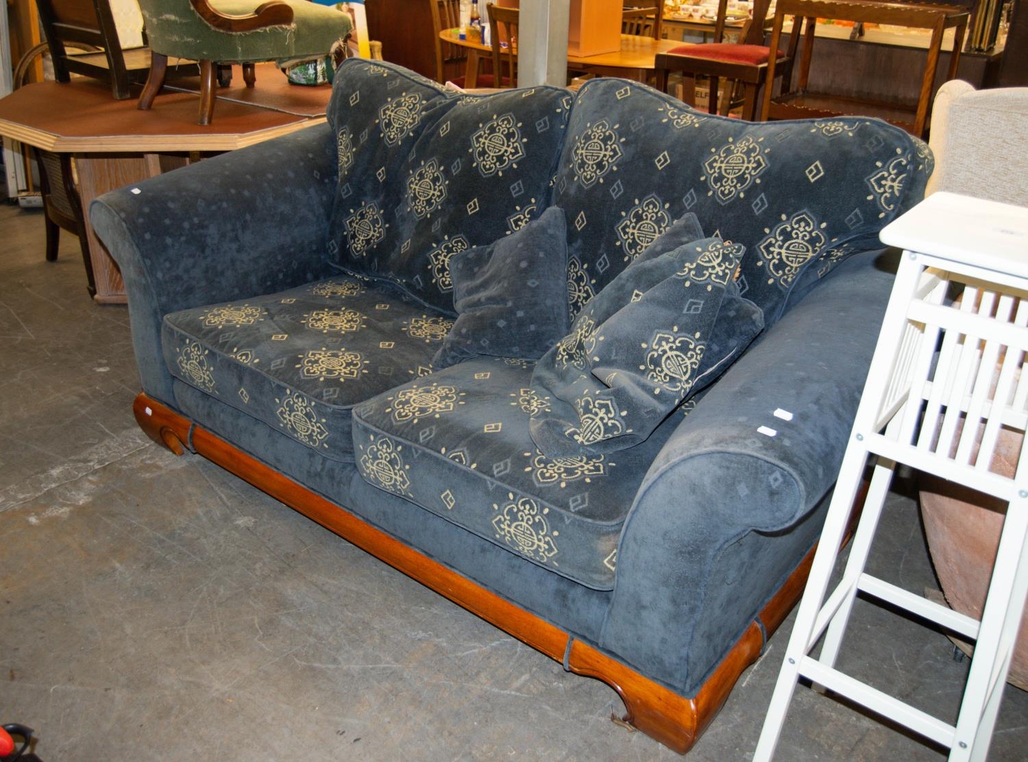 CHINESE LOUNGE SUITE OF THREE PIECES, COVERED IN BLUE AND CUT PATTERN VELVET HAVING MAHOGANY SHOW- - Image 2 of 2