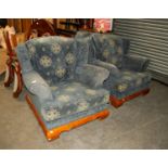 CHINESE LOUNGE SUITE OF THREE PIECES, COVERED IN BLUE AND CUT PATTERN VELVET HAVING MAHOGANY SHOW-