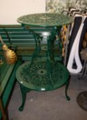 A GREEN COLOURED METAL REPRODUCTION LIGHTWEIGHT CIRCULAR GARDEN TABLE, AND A SIMILAR LOW CIRCULAR