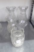 PAIR OF CUT GLASS VASES AND THREE OTHER CUT GLASS VASES (5)