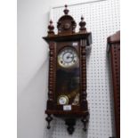 MODERN MAHOGANY FRAMED VIENNA WALL CLOCK, HAVING WHITE ROMAN NUMERAL  DIAL WITH KEY AND PENDULUM