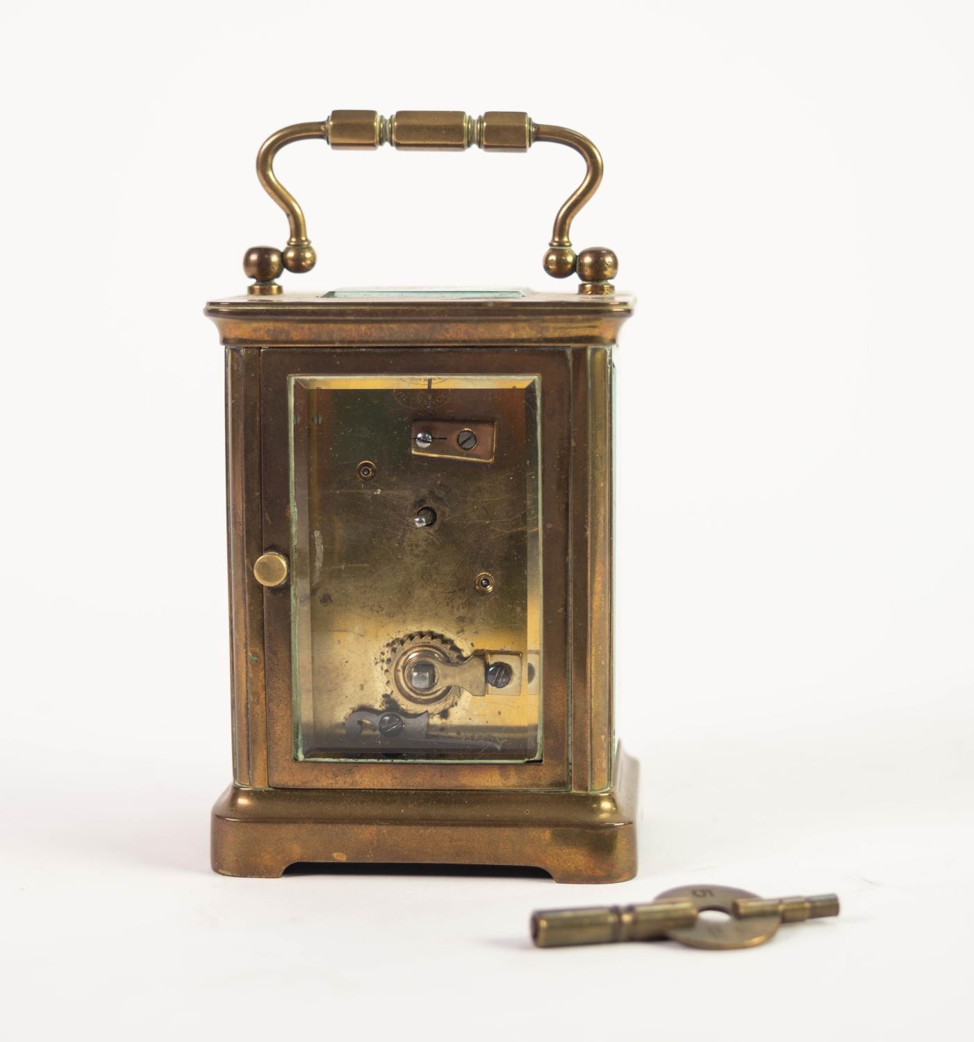 EARLY 20th CENTURY BRASS TIME PIECE CARRIAGE CLOCK with black and white roman dial, folding - Image 5 of 6