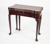 EARLY GEORGE III MAHOGANY COMBINATION FOLD-OVER TEA AND CARD TABLE, the shaped oblong, triple hinged