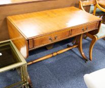BEVAN FUNNELL LTD. 'REPRODUX' YEW WOOD REGENCY STYLE SOFA TABLE, with line inlaid border, 'D' shaped