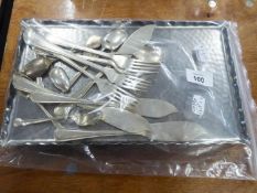 PAIR OF SILVER GOLF SPOONS BY WALKER & HALL, FOUR PAIRS OF ELECTROPLATED FISH KNIVES AND FORKS,
