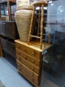 A MODERN PINE CHEST OF FIVE LONG DRAWERS AND A PINE TALL BAR STOOL (2)