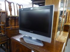 PANASONIC VIERA FLAT SCREEN TELEVISION, 25?, ON BLACK GLASS THREE-TIER STAND, WITH JVC VIDEO